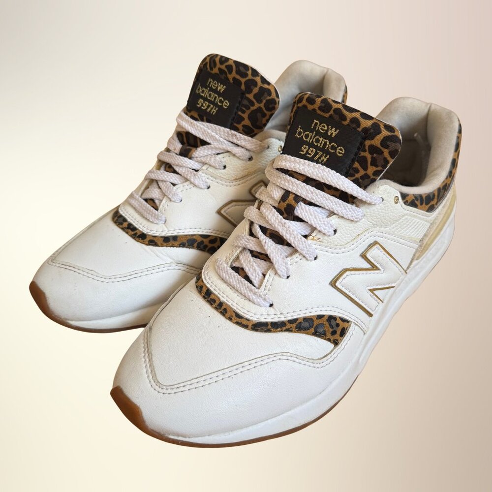 New Balance White and Leopard Print Sneakers